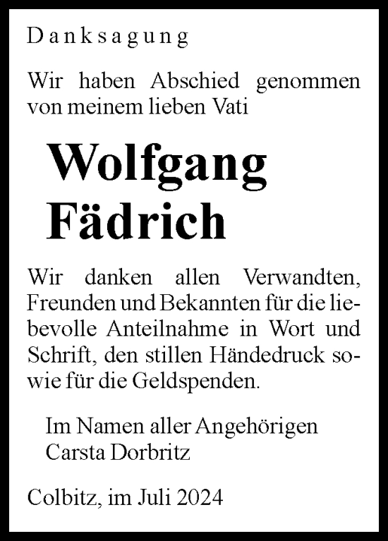 Traueranzeige von Wolfgang Fädrich von Volksstimme Haldensleben/Wolmirstedt