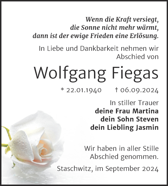 Traueranzeige von Wolfgang Fiegas von Trauerkombi Zeitz