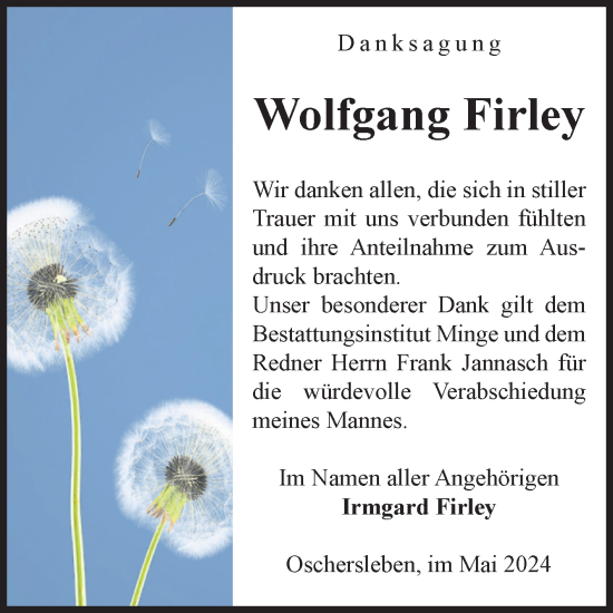 Traueranzeige von Wolfgang Firley von Volksstimme Oschersleben/Wanzleben