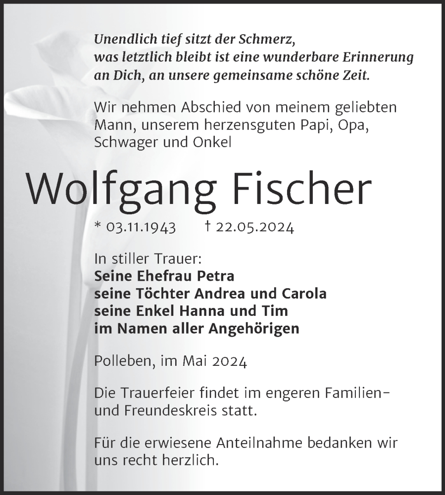  Traueranzeige für Wolfgang Fischer vom 29.05.2024 aus Trauerkombi Mansfelder Land
