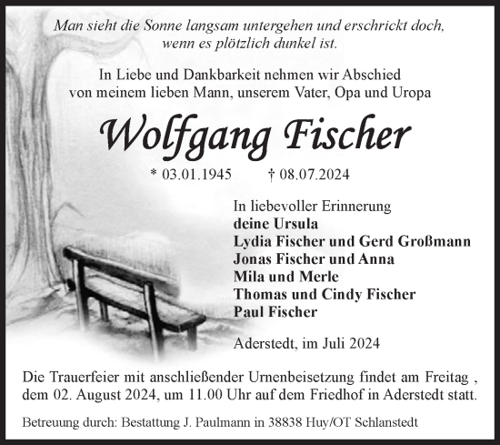 Traueranzeige von Wolfgang Fischer von Volksstimme Halberstadt