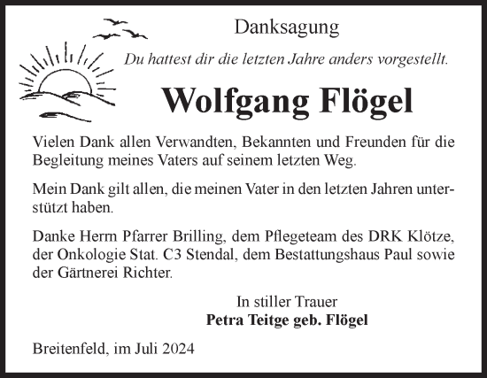 Traueranzeige von Wolfgang Flögel von Volksstimme Altmark West
