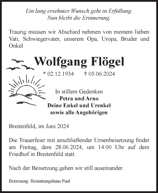 Traueranzeige von Wolfgang Flögel von Volksstimme Altmark West