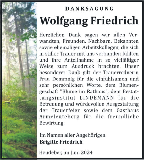 Traueranzeige von Wolfgang Friedrich von Volksstimme Wernigerode