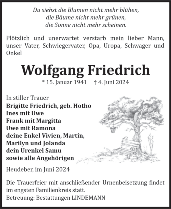 Traueranzeige von Wolfgang Friedrich von Volksstimme Wernigerode