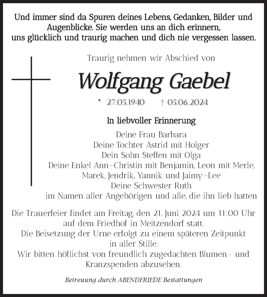  Traueranzeige für Wolfgang Gaebel vom 15.06.2024 aus Volksstimme Haldensleben/Wolmirstedt