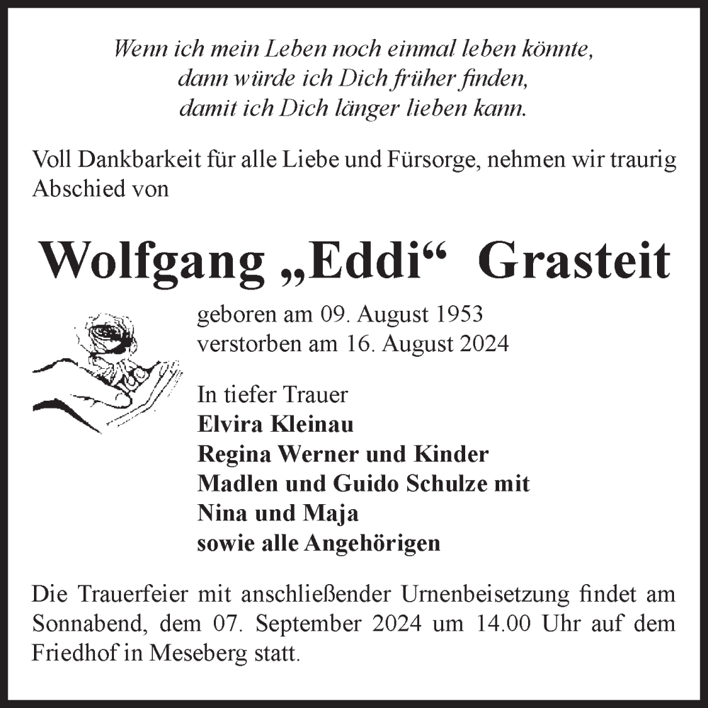  Traueranzeige für Wolfgang Grasteit vom 31.08.2024 aus Volksstimme Haldensleben/Wolmirstedt
