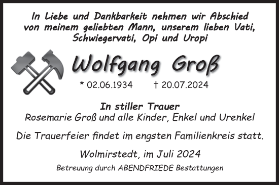 Traueranzeige von Wolfgang Groß von Volksstimme Haldensleben/Wolmirstedt