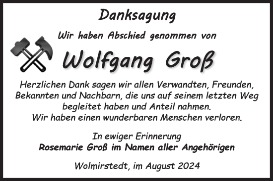 Traueranzeige von Wolfgang Groß von Volksstimme Haldensleben/Wolmirstedt