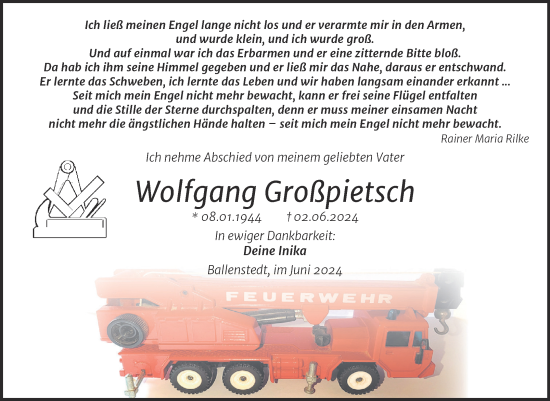 Traueranzeige von Wolfgang Großpietsch von Trauerkombi Quedlinburg