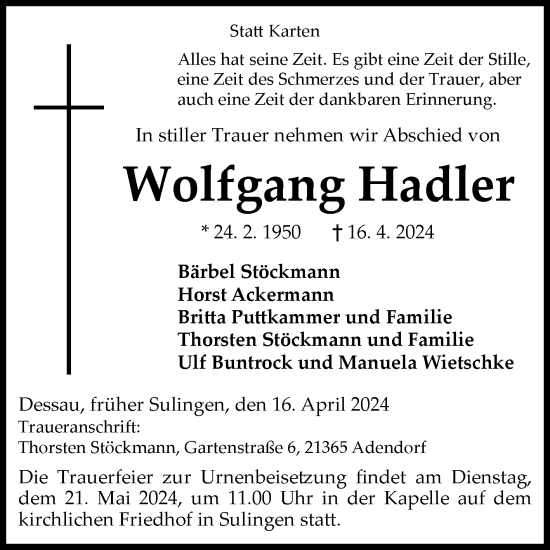 Traueranzeige von Wolfgang Hadler von Trauerkombi Dessau
