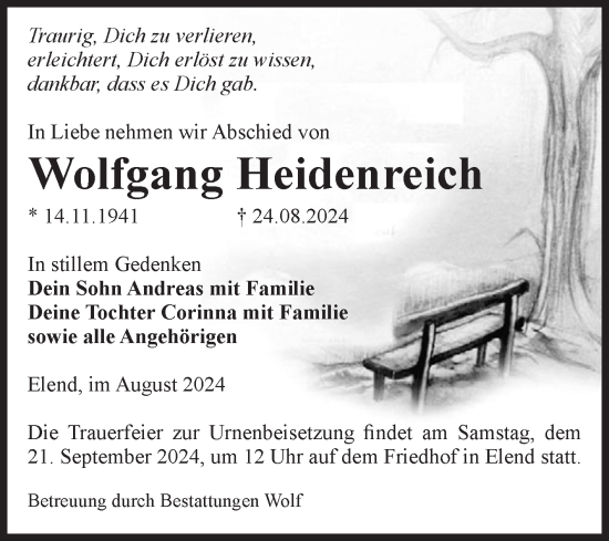Traueranzeige von Wolfgang Heidenreich von Volksstimme Wernigerode