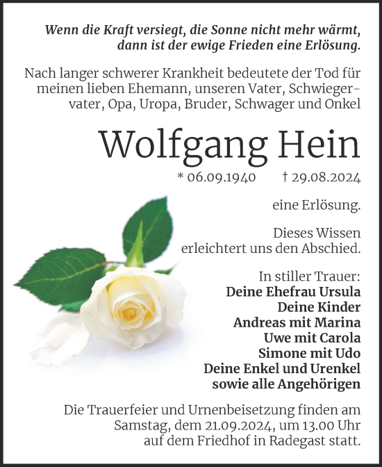 Traueranzeige von Wolfgang Hein von Trauerkombi Köthen