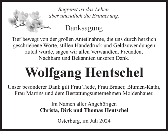 Traueranzeige von Wolfgang Hentschel von Volksstimme Altmark Ost
