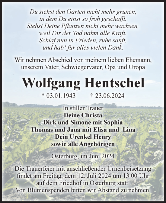 Traueranzeige von Wolfgang Hentschel von Volksstimme Altmark Ost