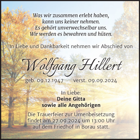 Traueranzeige von Wolfgang Hillert von Trauerkombi Weißenfels