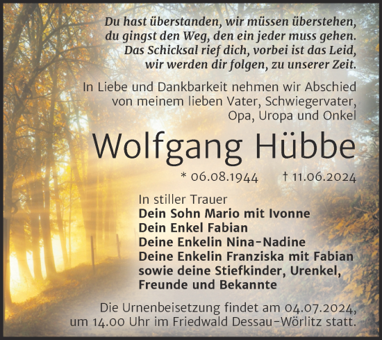 Traueranzeige von Wolfgang Hübbe von Trauerkombi Dessau
