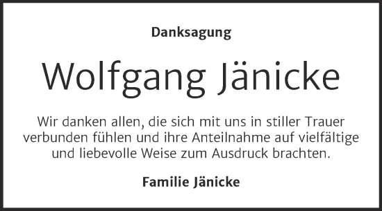 Traueranzeige von Wolfgang Jänicke von Mitteldeutsche Zeitung Halle/Saalkreis