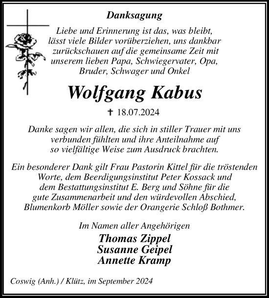 Traueranzeige von Wolfgang Kabus von Trauerkombi Wittenberg