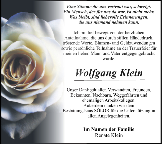 Traueranzeige von Wolfgang Klein von Volksstimme Magdeburg