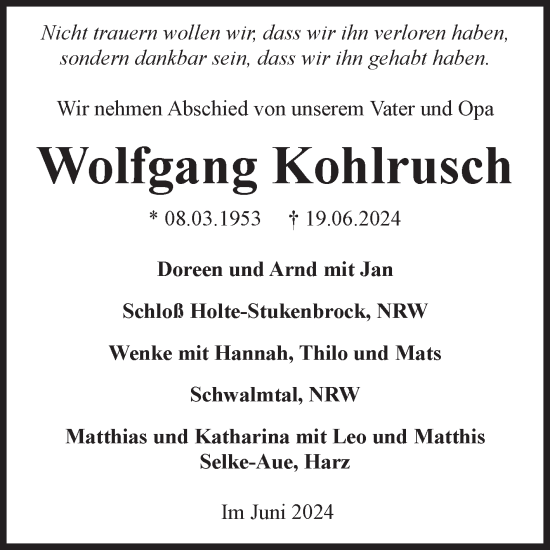 Traueranzeige von Wolfgang Kohlrusch von Volksstimme Wernigerode