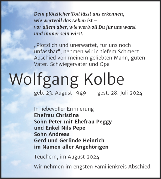 Traueranzeige von Wolfgang Kolbe von Trauerkombi Weißenfels