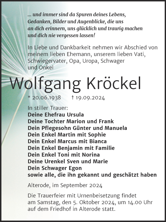 Traueranzeige von Wolfgang Kröckel von Trauerkombi Mansfelder Land