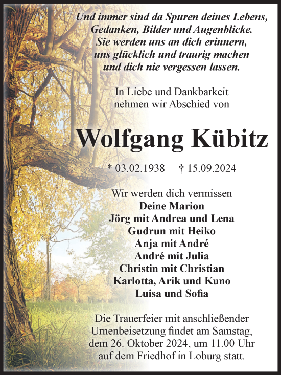 Traueranzeige von Wolfgang Kübitz von Volksstimme Zerbst