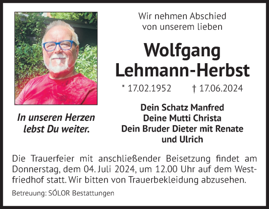 Traueranzeige von Wolfgang Lehmann-Herbst von Volksstimme Magdeburg