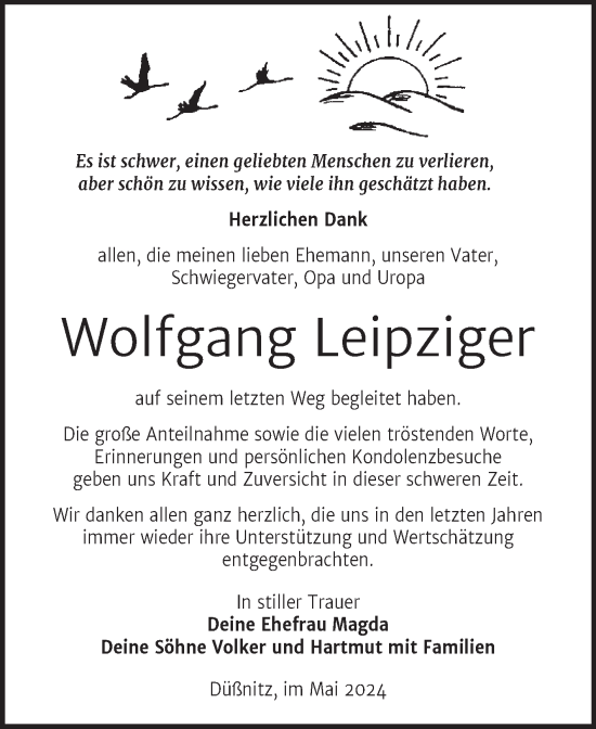 Traueranzeige von Wolfgang Leipziger von Trauerkombi Wittenberg