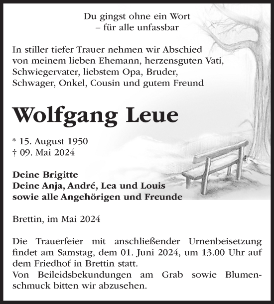 Traueranzeige von Wolfgang Leue von Volksstimme Burg/Genthin
