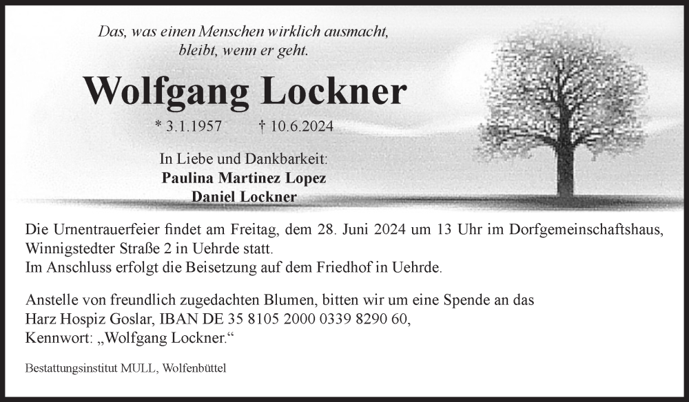  Traueranzeige für Wolfgang Lockner vom 19.06.2024 aus Volksstimme Halberstadt