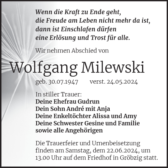 Traueranzeige von Wolfgang Milewski von Trauerkombi Köthen