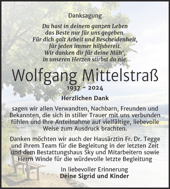 Traueranzeige von Wolfgang Mittelstraß von Trauerkombi Wittenberg