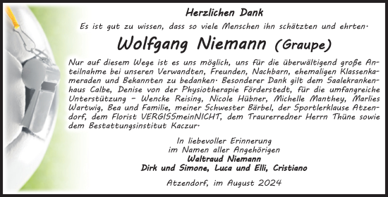 Traueranzeige von Wolfgang Niemann von Volksstimme Staßfurt