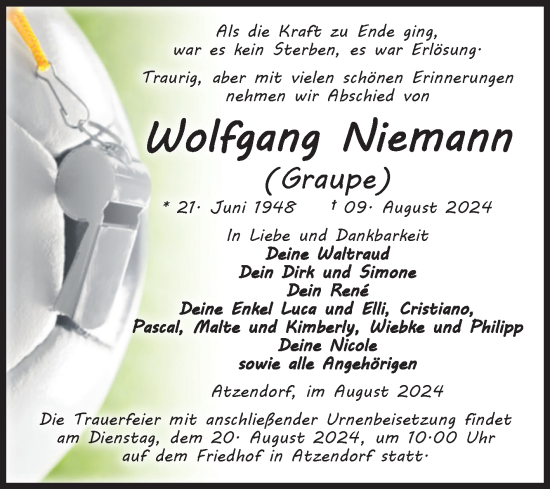 Traueranzeige von Wolfgang Niemann von Volksstimme Staßfurt