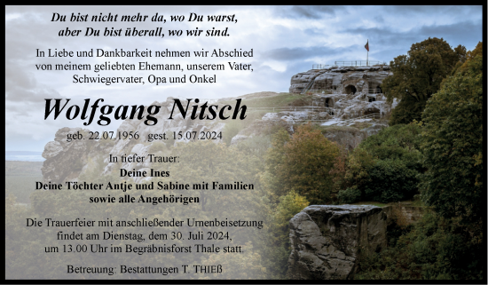 Traueranzeige von Wolfgang Nitsch von Volksstimme Wernigerode