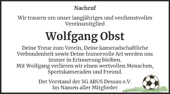 Traueranzeige von Wolfgang Obst von Trauerkombi Dessau