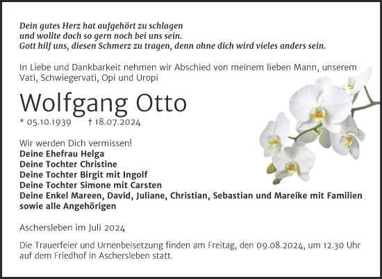 Traueranzeige von Wolfgang Otto von Trauerkombi Aschersleben