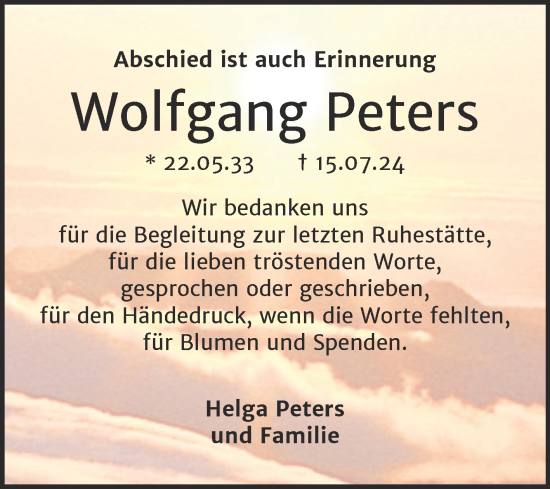 Traueranzeige von Wolfgang Peters von Trauerkombi Bitterfeld