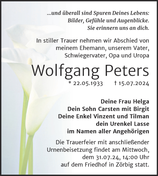 Traueranzeige von Wolfgang Peters von Trauerkombi Bitterfeld