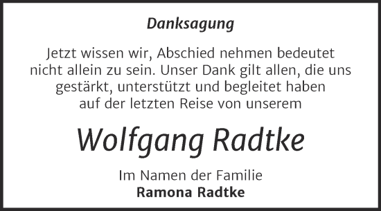 Traueranzeige von Wolfgang Radtke von Trauerkombi Dessau