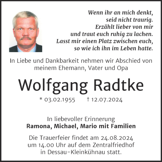 Traueranzeige von Wolfgang Radtke von Trauerkombi Dessau