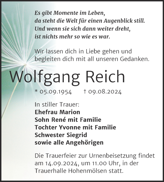 Traueranzeige von Wolfgang Reich von Trauerkombi Weißenfels