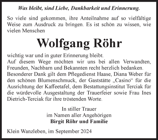 Traueranzeige von Wolfgang Röhr von Volksstimme Oschersleben/Wanzleben