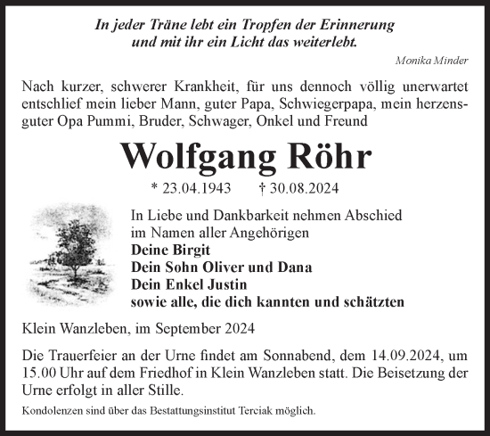 Traueranzeige von Wolfgang Röhr von Volksstimme Oschersleben/Wanzleben