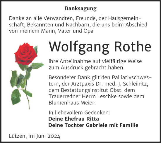 Traueranzeige von Wolfgang Rothe von Trauerkombi Weißenfels
