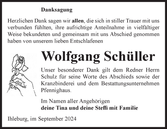 Traueranzeige von Wolfgang Schüller von Volksstimme Burg/Genthin