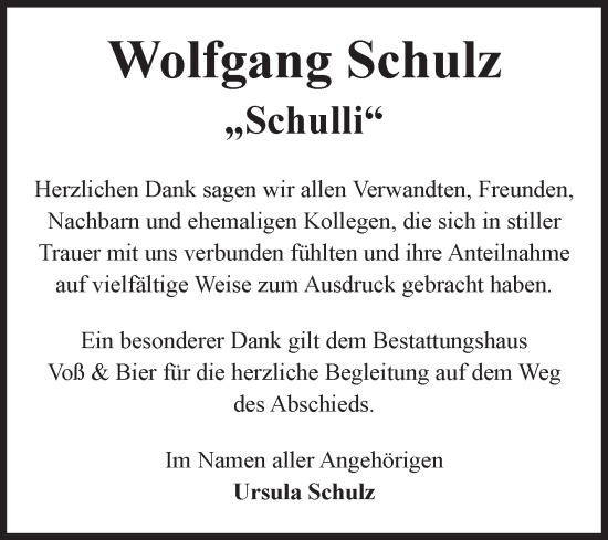 Traueranzeige von Wolfgang Schulz von Volksstimme Wernigerode