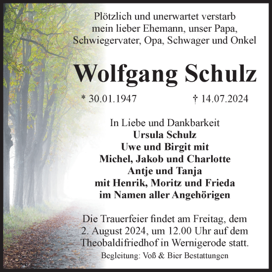 Traueranzeige von Wolfgang Schulz von Volksstimme Wernigerode